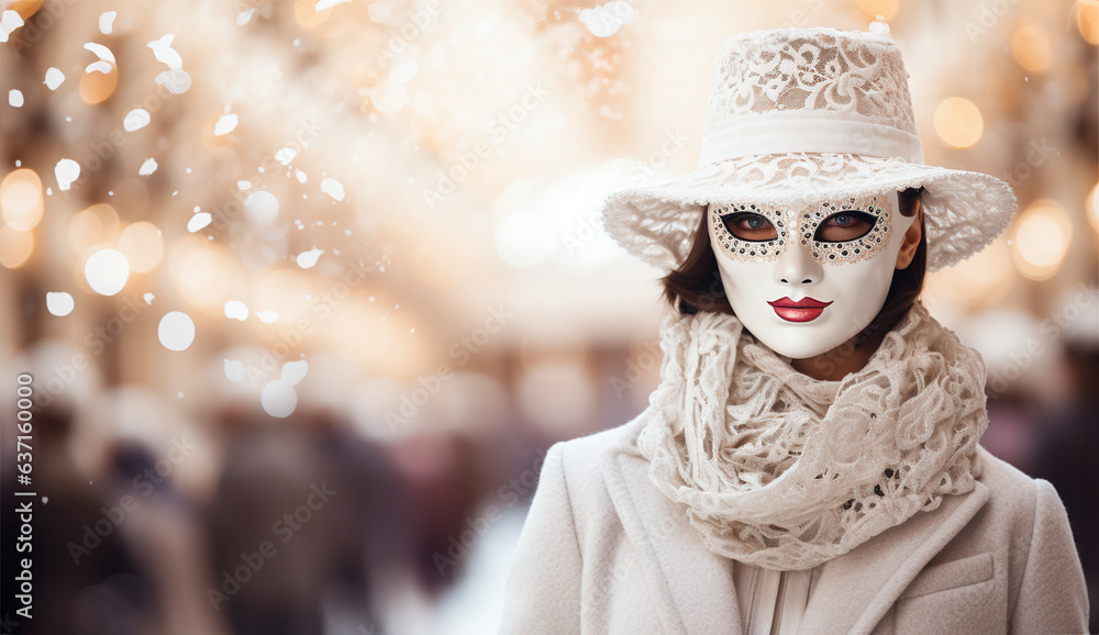 Image of a mysterious woman in a beautiful carnival white mask with gold . 