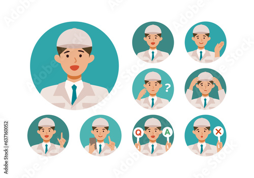 Man wearing factory worker uniform. Factory worker Man cartoon character head collection set. People face profiles avatars and icons. Close up image of smiling man.