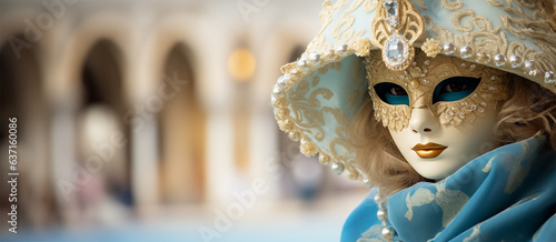 Image of a mysterious woman in a beautiful carnival blue mask with gold   © Margo_Alexa