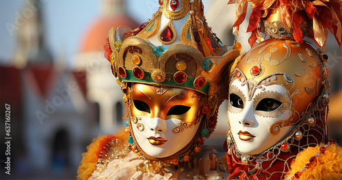 Image of a mysterious woman and a man in a beautiful carnival white mask with gold and colorful costumes 
