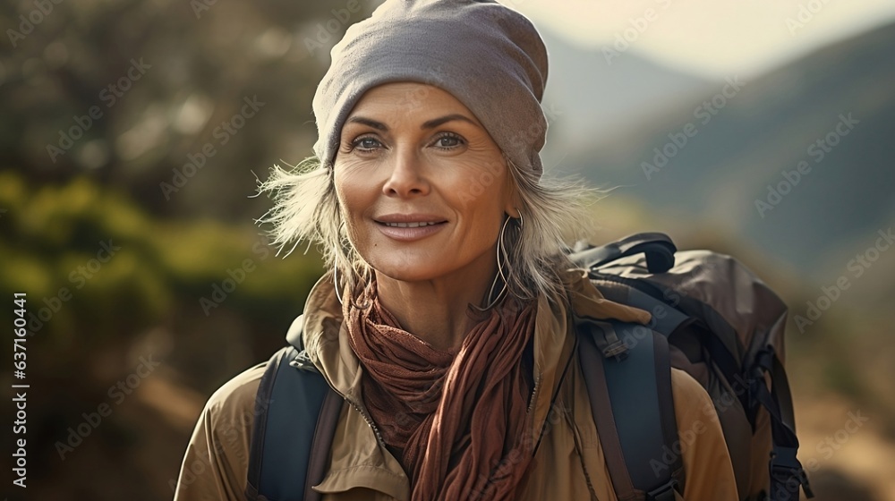 Portrait of smiling woman hiker with backpack looking at camera. Portrait of smiling woman hiker with backpack looking at camera.