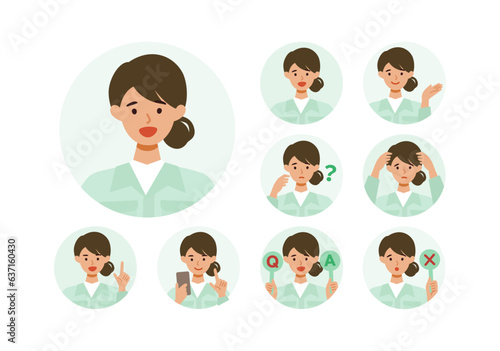 Woman wearing factory worker uniform. Factory worker Woman cartoon character head collection set. People face profiles avatars and icons. Close up image of smiling Woman.