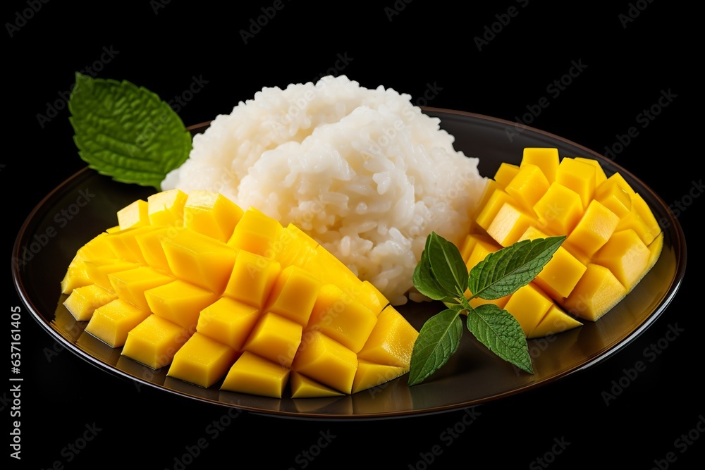 a plate of Mango Sticky Rice, isolated on white background a plate of Mango Sticky Rice, isolated on white background