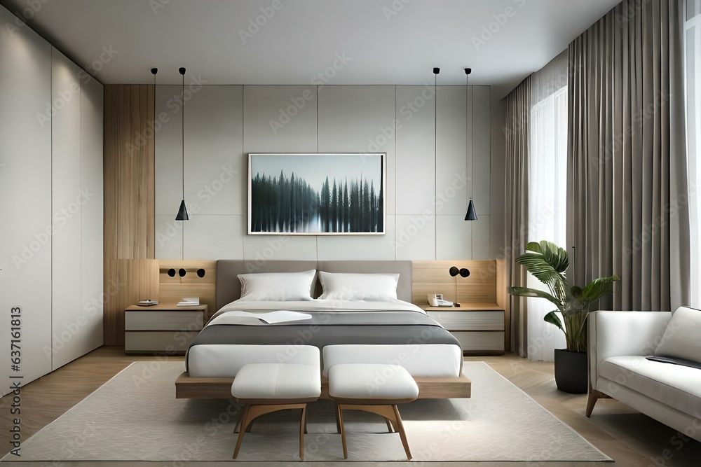 A minimalist bedroom adorned with sleek and modern furniture items that create a sense of tranquility and simplicity - AI Generative A minimalist bedroom adorned with sleek and modern furniture items that create a sense of tranquility and simplicity - AI Generative