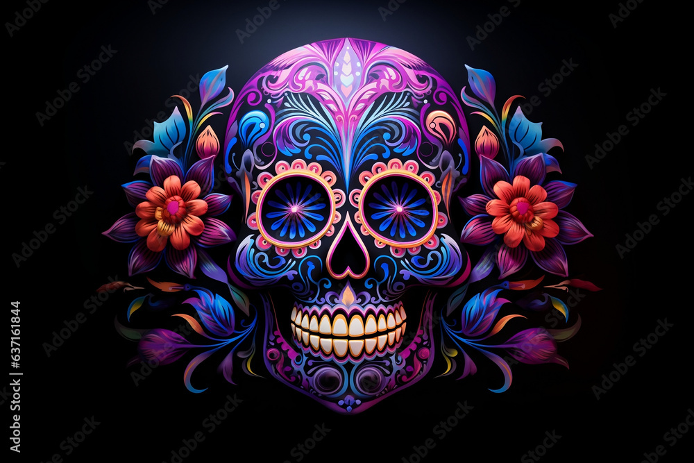 Glowing Day of the Dead Sugar Skull in Blacklight Illumination