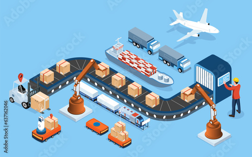 3D isometric Global logistics network concept with Transportation operation service, Supply Chain Management - SCM, Company Logistics Processes. Vector illustration EPS 10