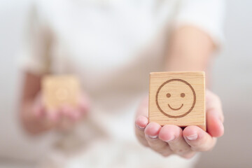 Woman show Happy Smile face block, Mental health Assessment, Psychology, Health Wellness, Feedback, Customer Review, Experience, Satisfaction Survey, Positive Thinking and World Mental Health day