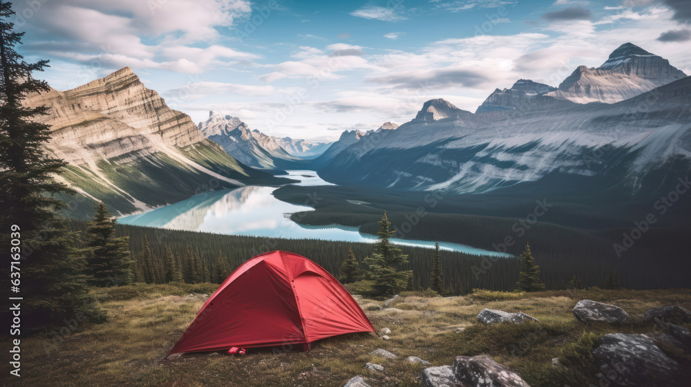 Camping with red tent to the lake and mountains