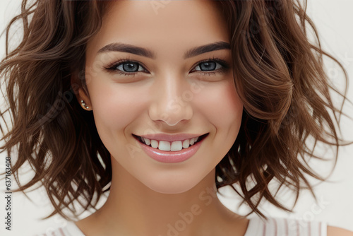 beautiful woman with wavy hair smiling on a simple background, smiling portrait. Happy woman. Latin/Mexican/Indian/Asian look.
