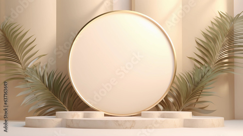 Round pastel podium and palm leaf, Abstract minimal geometric shapes background, Aesthetic summer dais concept and shadows on the wall, 3D Modern design for product showcase display, AI generated.