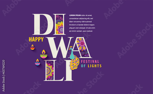 Happy Diwali celebration background. banner design decorated with illuminated oil lamps on patterned background. vector illustration design photo