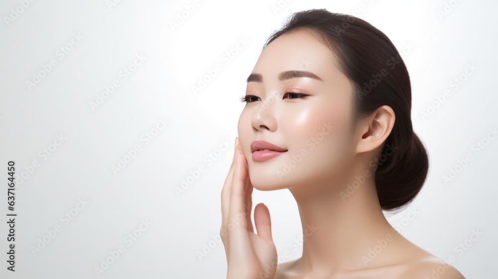 Portrait of beauty asian woman with fair perfect healthy lift glowing skin hand touching chin isolated on white background. Portrait of beauty asian woman with fair perfect healthy lift glowing skin hand touching chin isolated on white background.