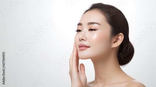 Portrait of beauty asian woman with fair perfect healthy lift glowing skin hand touching chin isolated on white background.