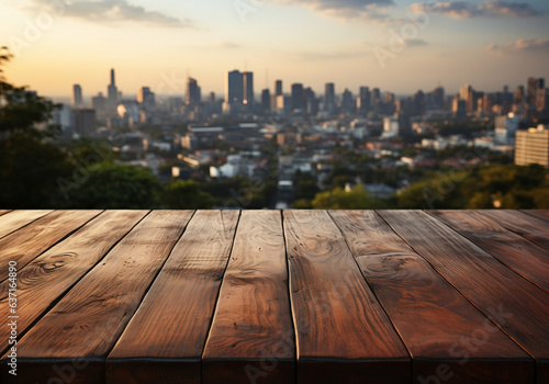 Empty wooden tabletop with the urban building landscape background. AI Generated Images