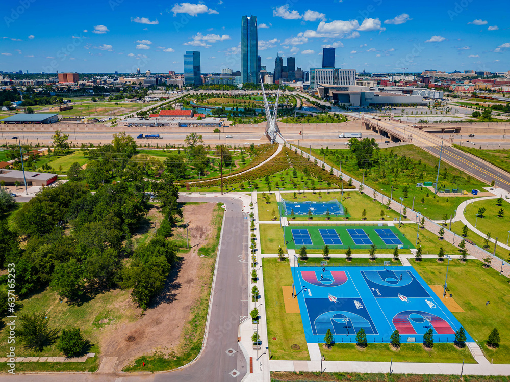 Aerial view of Skydance Bridge and cityscape