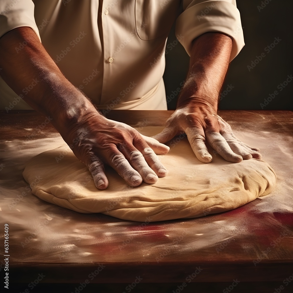 Baker is rolling hands in flour, kneading dough for pies, pizza and pasta food meal restaurant