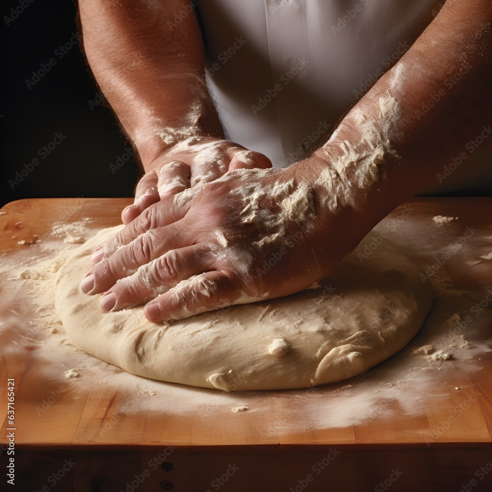 Baker is rolling hands in flour, kneading dough for pies, pizza and pasta food meal restaurant