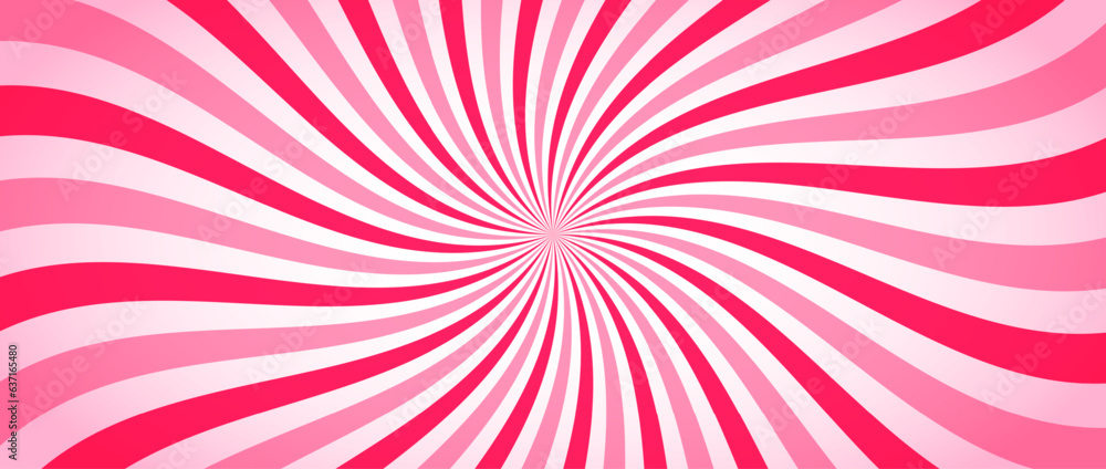 Naklejka premium Candy color sunburst background. Abstract pink sunbeams design wallpaper. Colorful spinning lines for template, banner, poster. Sweet cartoon swirl. Vector backdrop 