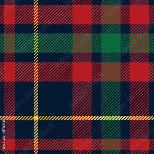 Scottish cage pattern for Christmas and New Year designs. Dark blue, red, green, yellow plaid plaid for flannel shirt. Festive winter textile print.