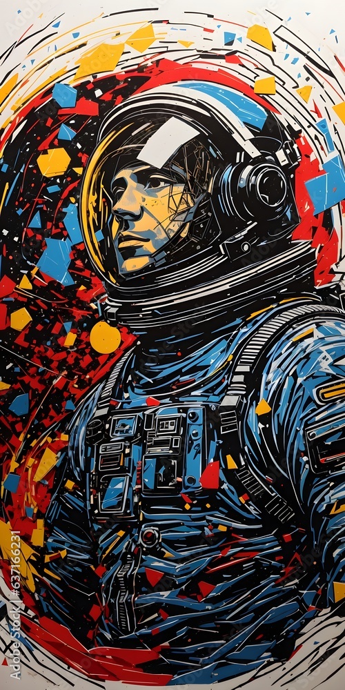 Obraz premium Abstract Space Poster with Lino Cut Astronaut Drawing Vintage-Inspired Graphic Art. AI Generative