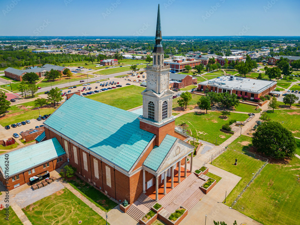 Aerial view of the Raley Chapel of Oklahoma Baptist University