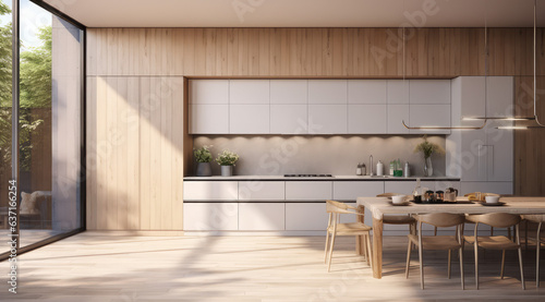 3d rendering of the modern kitchen and living room area