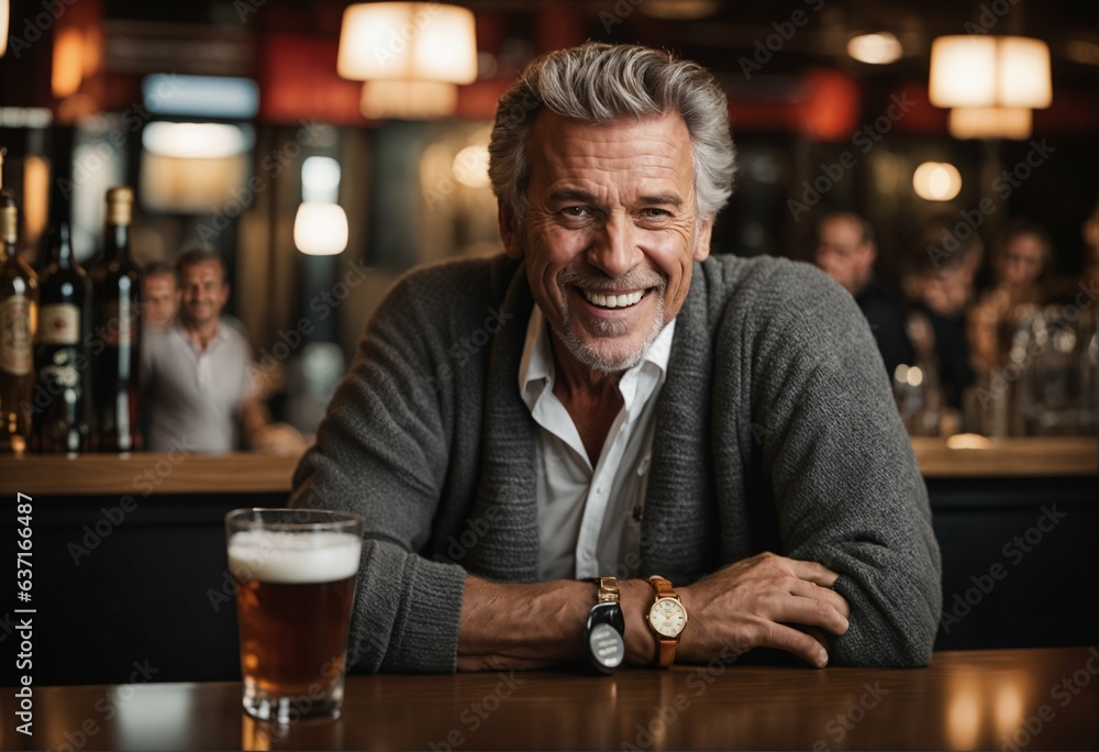Soccer fan bar with man in his 50s wearing chic cardigan and smiling during major match