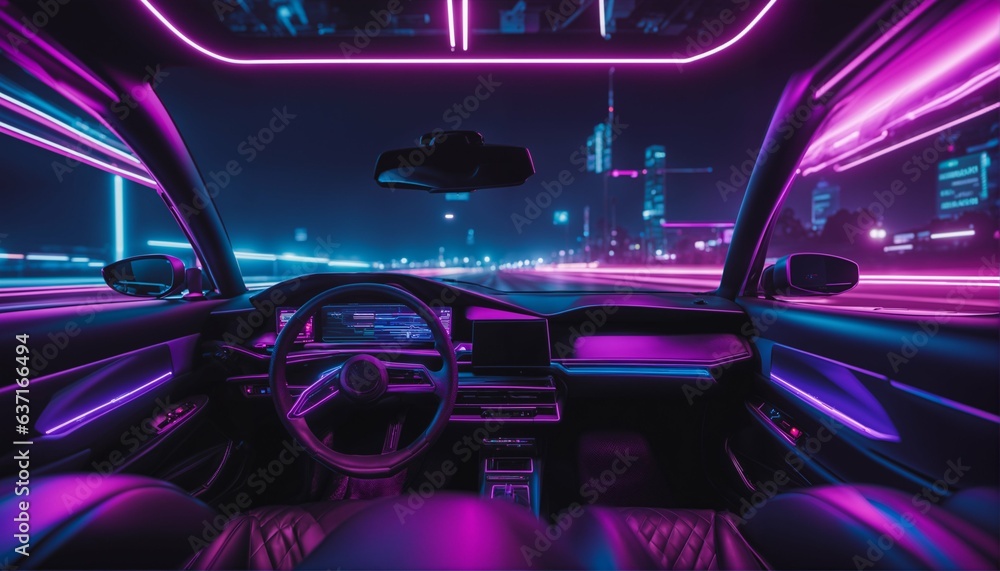 Purple neon synthwave car on a night drive, 80s outrun style