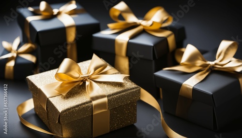Black arranged gift boxes with ribbon and bow on black background for Black Friday