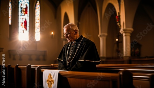 Faithful priest praying in catholic church, devoted prayer