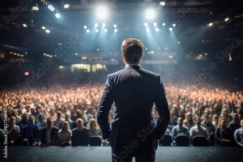 Back view of motivational speaker standing on stage in front of audience for motivation speech on conference or business event photo