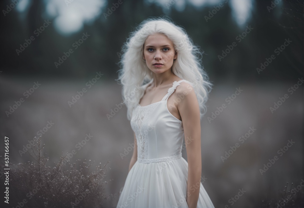 Snow white hair porcelain doll - young girl, white dress, dreamlike stillness, serene beauty, futuristic Snow white hair porcelain doll - young girl, white dress, dreamlike stillness, serene beauty, futuristic