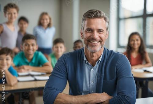 Elementary school teacher smiling - male, class of learning students, academic setting