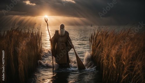 Moses holds his staff as God parts the waters of the Yam Suph (Reed sea) photo