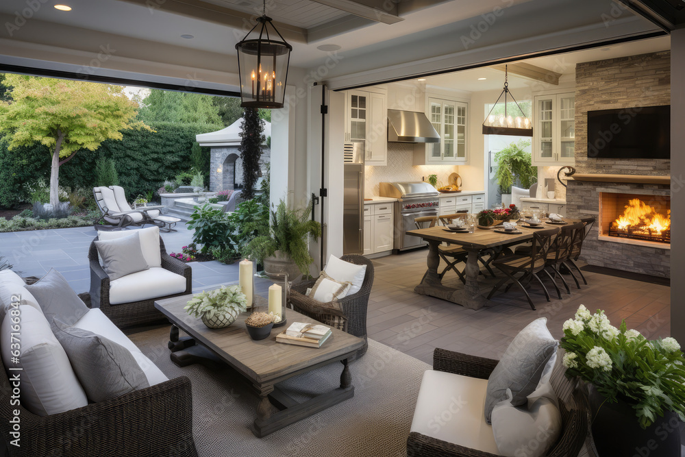 Open plan living room with white kitchen and pantry. Cozy patio with an ...