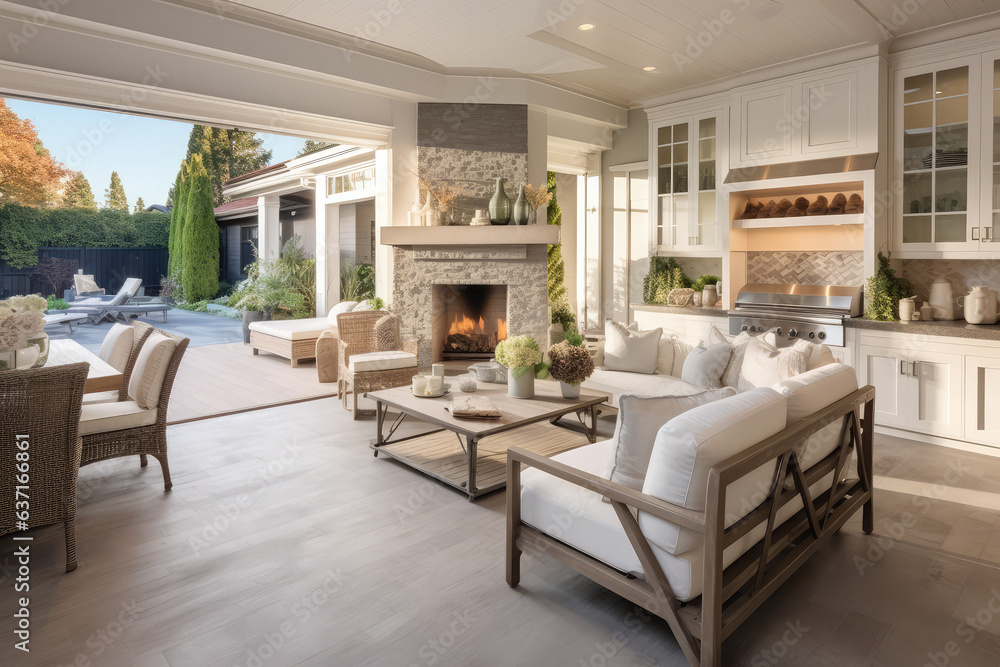 Open plan living room with white kitchen and pantry. Cozy patio with an ...