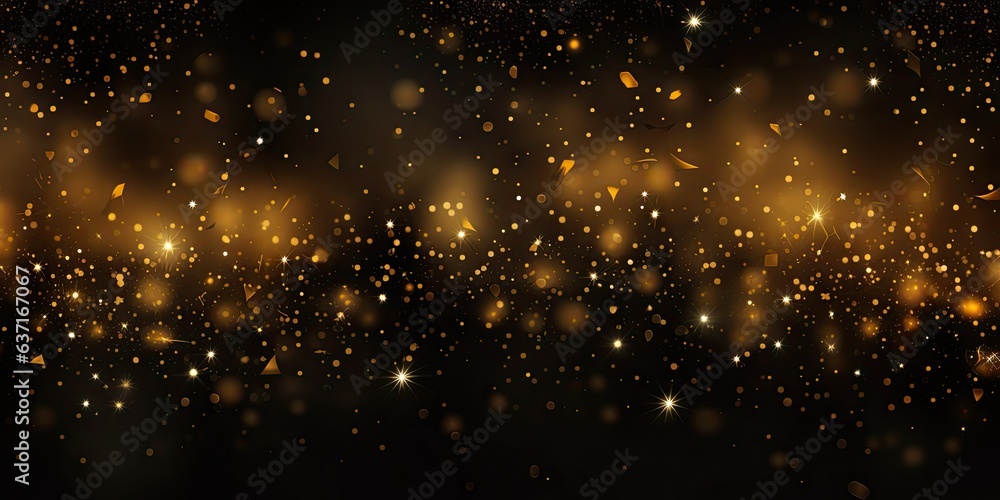 Fototapeta premium Celestial elegance. Glowing starlight on black. Golden sparkle. Glittering night in cosmos. festive radiance. Magical light and sparkles
