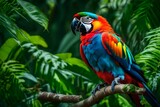 A colorful parrot perched on a branch in the dense jungle foliage
