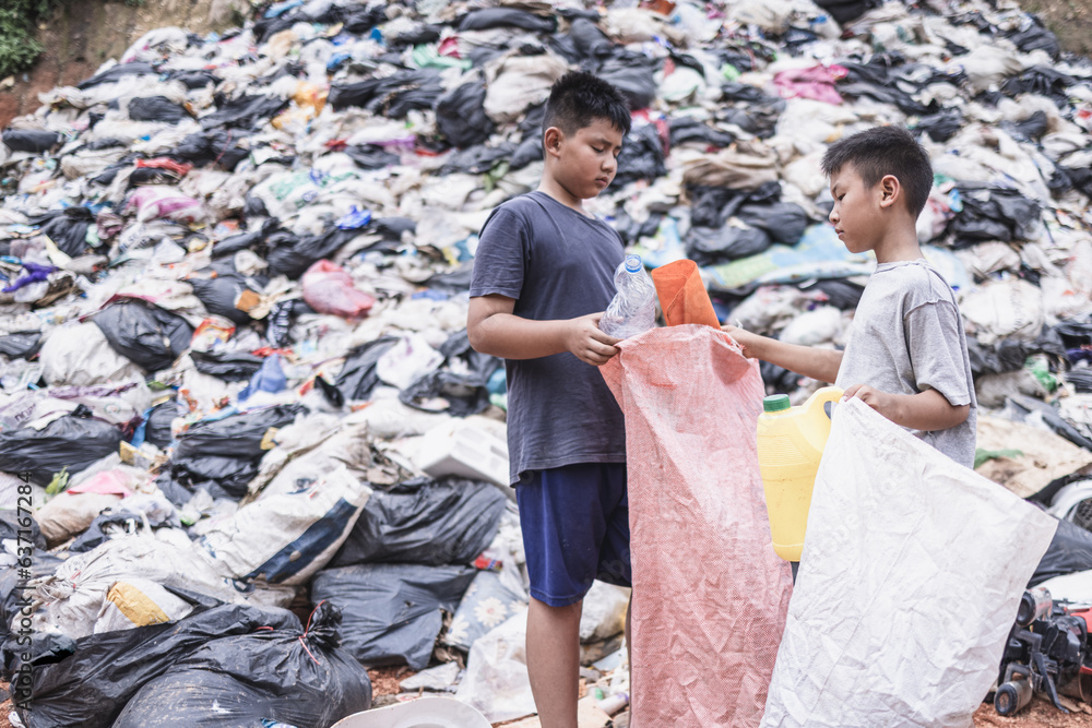 Poor children collect garbage for sale because of poverty, Junk recycle ...