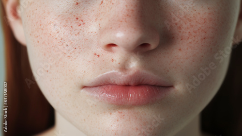 Early-stage acne rosacea in closeup. Acne rosacea is a chronic, incurable, inflammatory skin disease that predominantly affects adults. Skin inflammation.