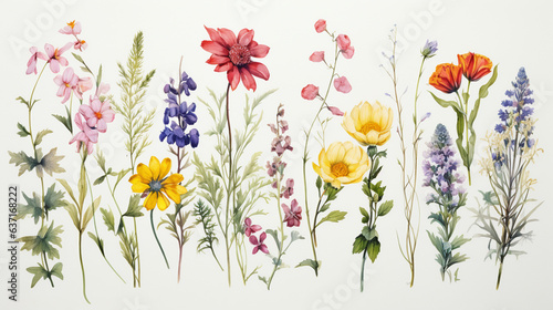 Watercolor painting of little flowers in spring medow on white background.
