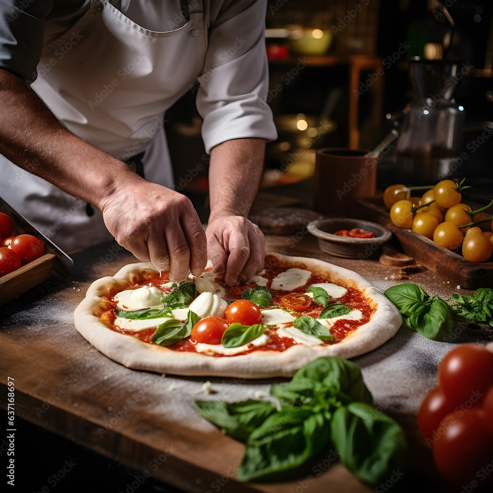 closeup pizza chef hands preparing pizza