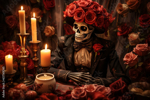Enchanting Day of the Dead Skeleton Surrounded by Candlelight and Roses