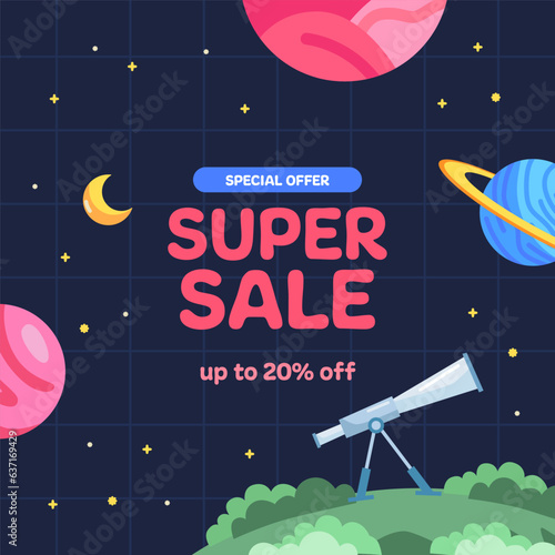 Super Sale offer banner promotion for kid and children with space planet astronomy theme concept