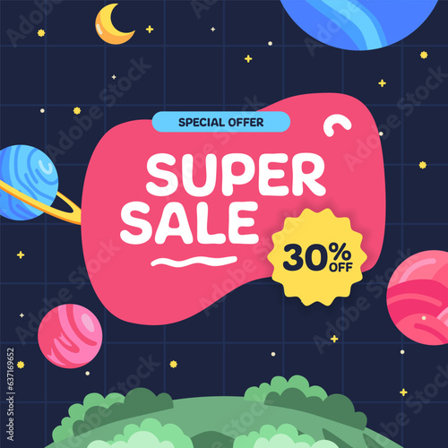 Super Sale offer banner promotion for kid and children with space planet astronomy theme concept