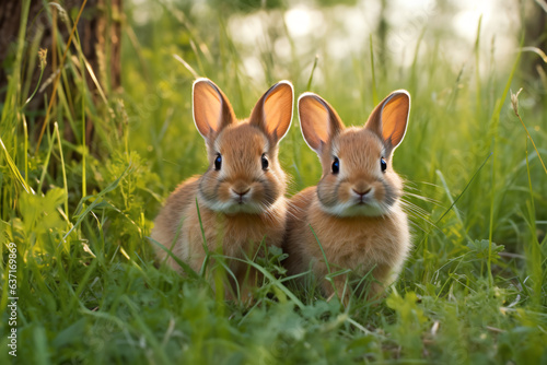 two rabbits sitting in the grass near a tree 