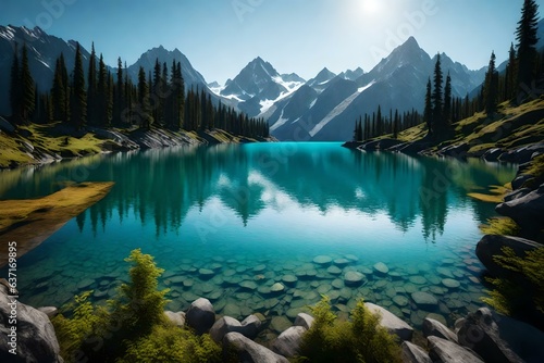 A serene mountain lake reflecting the surrounding peaks