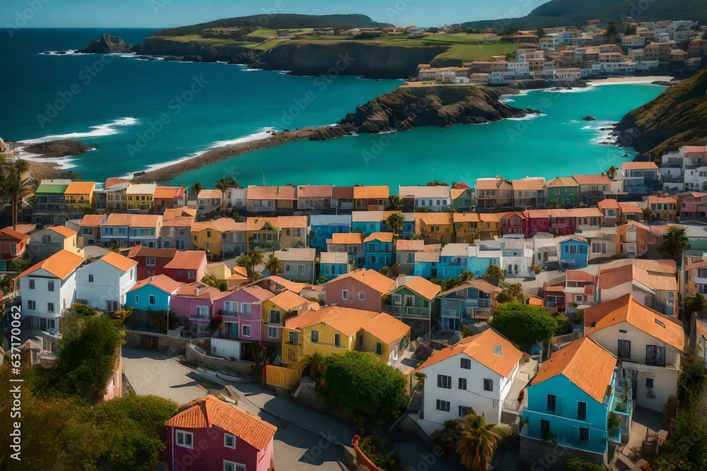 A peaceful coastal town with colorful houses