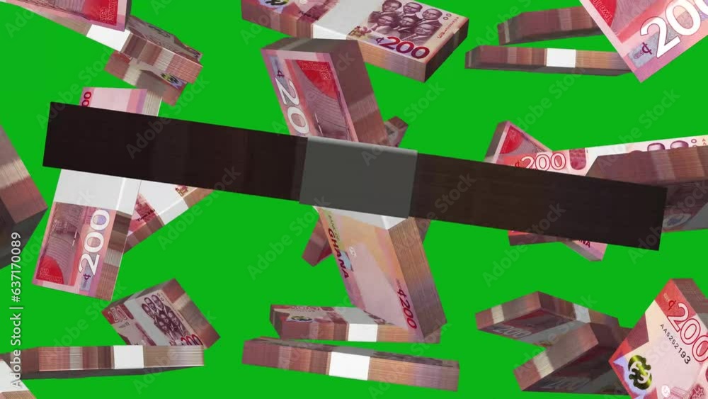 3D animation of stacks of 200 Ghanaian cedi notes falling in front of ...