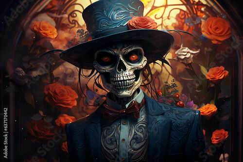 Colorful Day of the Dead skeleton with festive attire and accessories